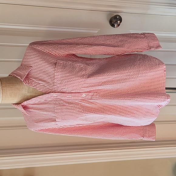 Denim&Co Tops - Pink and White Striped Button-up Blouse with Front Pockets